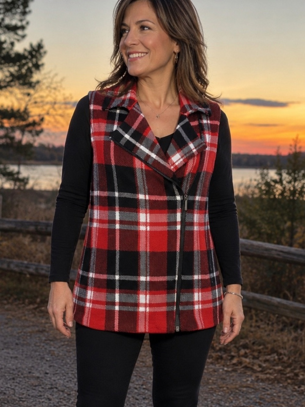 Chaps Red Plaid Zip Vest Small